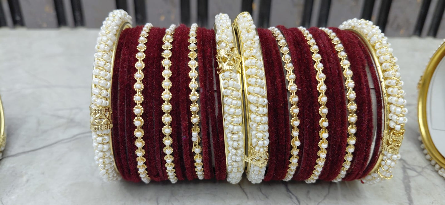Velvet Pearl Bridal Bangles – Full Set (Available in 4 Colours)